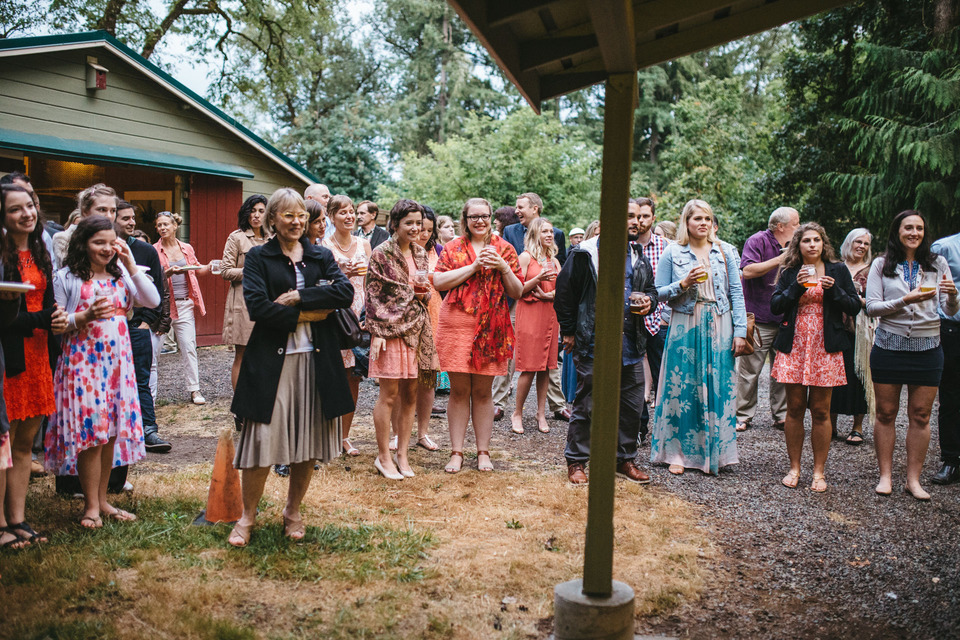 backyard wedding in the oregon forest with lawn games and pie
