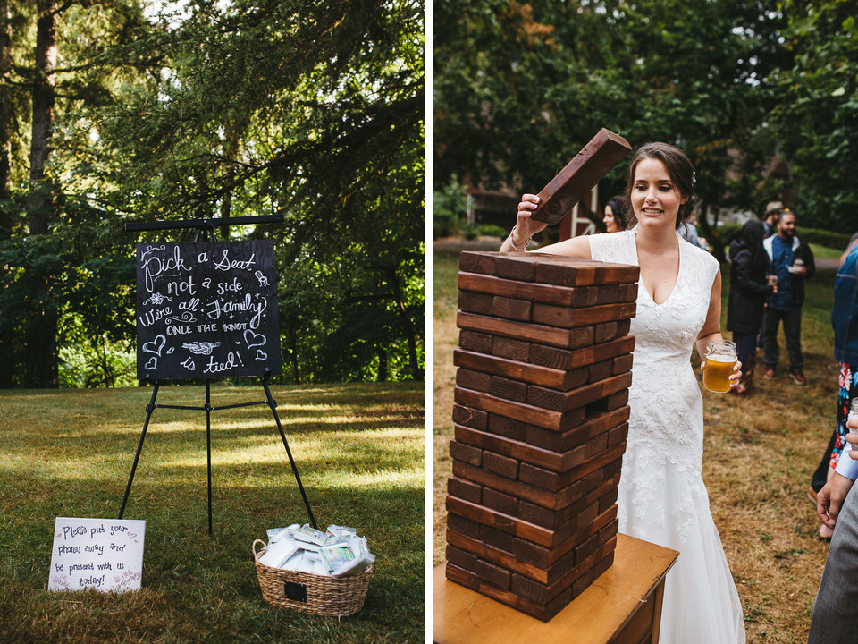 backyard wedding in the oregon forest with lawn games and pie