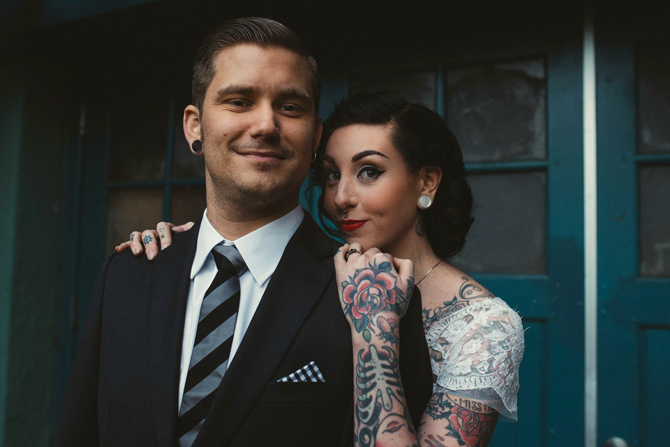 tattooed vintage pinup girl bride and groom portland cathedral park wedding