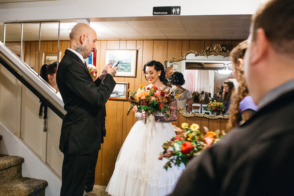 tattooed vintage pinup girl bride and groom portland cathedral park wedding