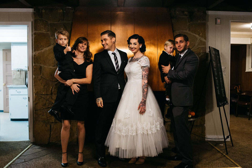 tattooed vintage pinup girl bride and groom portland cathedral park wedding