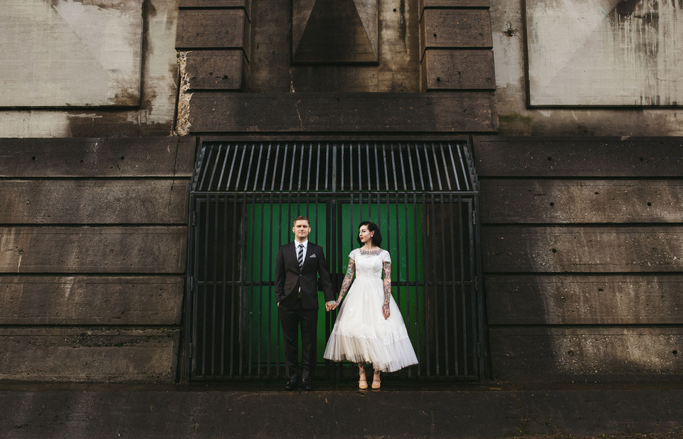 tattooed vintage pinup girl bride and groom portland cathedral park wedding