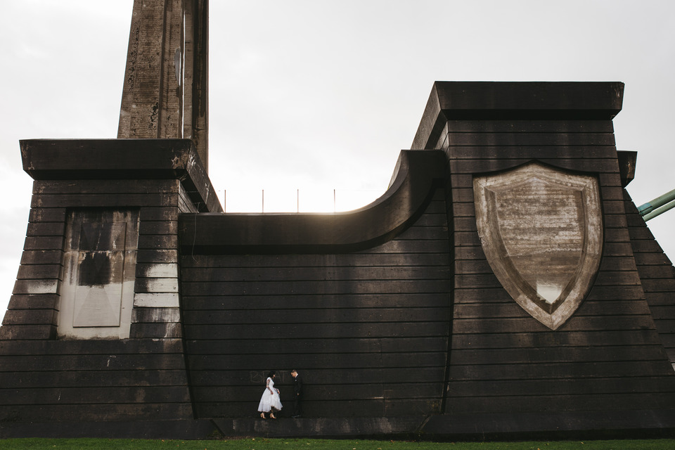 tattooed vintage pinup girl bride and groom portland cathedral park wedding