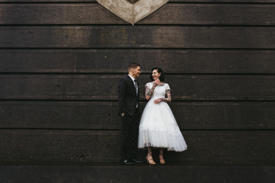 tattooed vintage pinup girl bride and groom portland cathedral park wedding