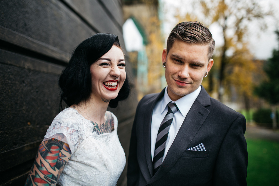 tattooed vintage pinup girl bride and groom portland cathedral park wedding